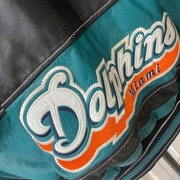 Y2K CARL BANKS NFL MIAMI DOLPHINS LEATHER MOTO JACKET SZ XL ICONIC FOOTBALL - Picture 12 of 16